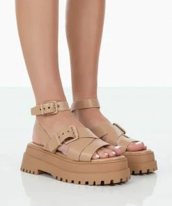 Public Desire UK NEW IN Follow Wide Fit Nude Drench Chunky Buckle Sandals