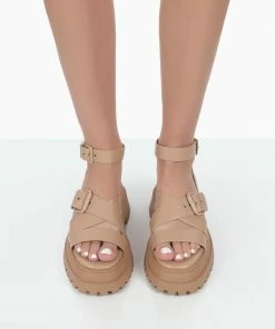 Public Desire UK NEW IN Follow Wide Fit Nude Drench Chunky Buckle Sandals