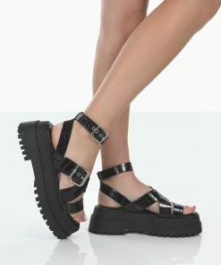 Public Desire UK Follow Wide Fit Black PU Croc Chunky Buckle Sandals