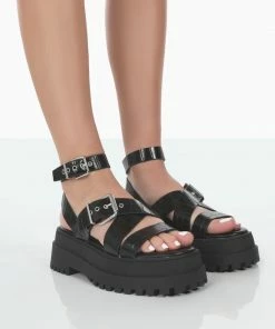 Public Desire UK Follow Wide Fit Black PU Croc Chunky Buckle Sandals