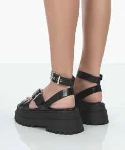 Public Desire UK Follow Wide Fit Black PU Croc Chunky Buckle Sandals
