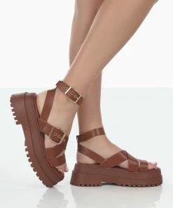 Public Desire UK Follow Tan PU Chunky Buckle Sandals NEW IN