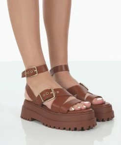 Public Desire UK Follow Tan PU Chunky Buckle Sandals NEW IN