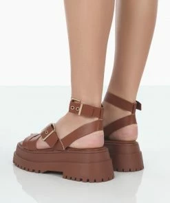 Public Desire UK Follow Tan PU Chunky Buckle Sandals NEW IN