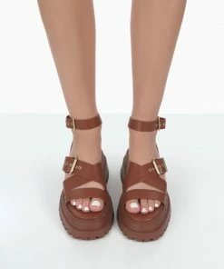 Public Desire UK Follow Tan PU Chunky Buckle Sandals NEW IN
