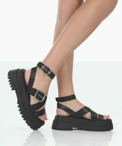 Public Desire UK NEW IN Follow Black PU Chunky Buckle Sandals
