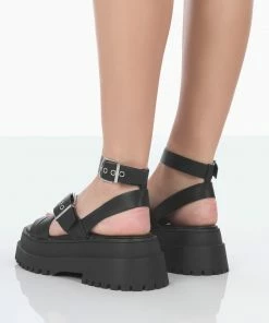 Public Desire UK NEW IN Follow Black PU Chunky Buckle Sandals
