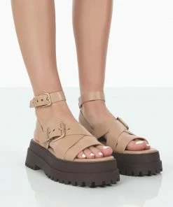 Public Desire UK Follow Nude & Choc PU Chunky Buckle Sandals