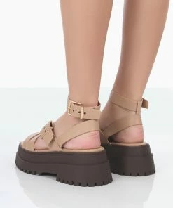 Public Desire UK Follow Nude & Choc PU Chunky Buckle Sandals