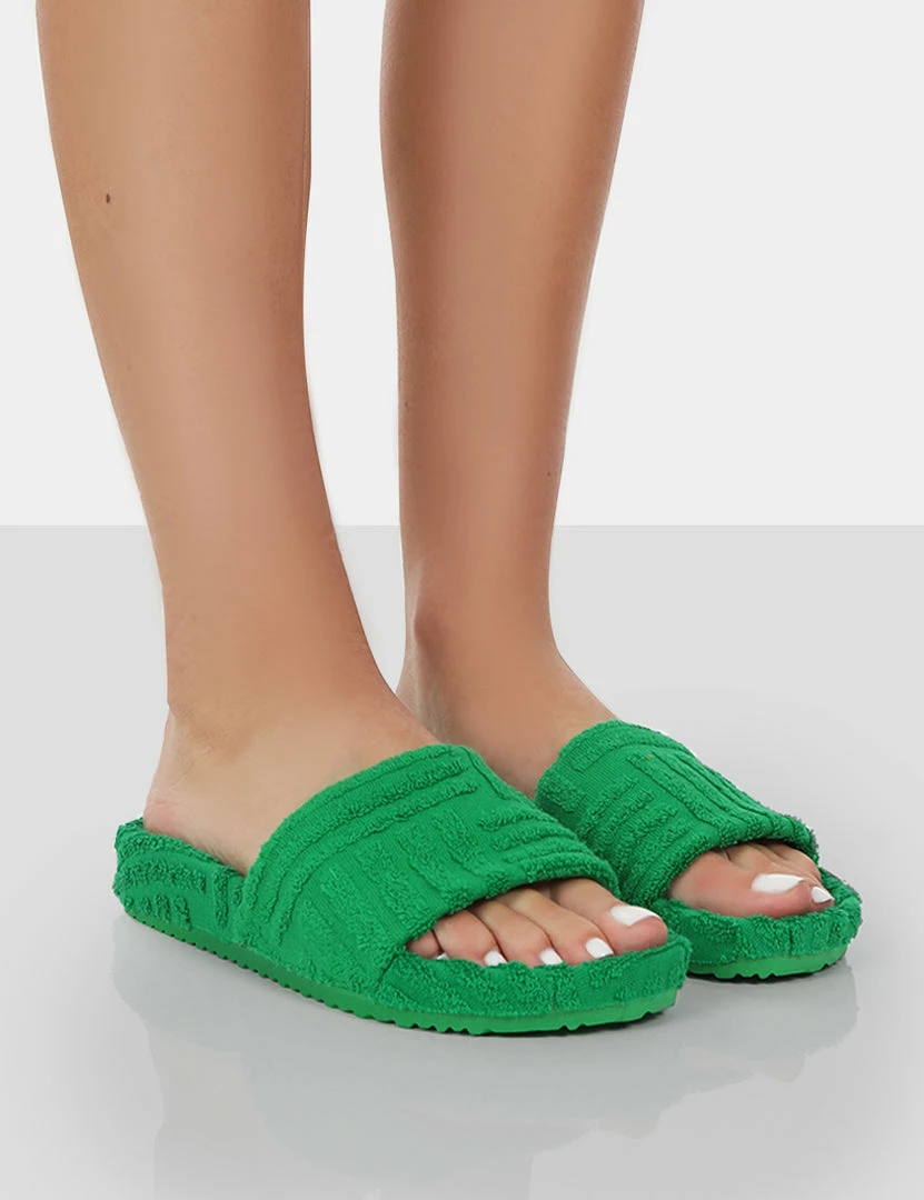 Public Desire UK JUICE GREEN TERRY TOWLING SLIDERS NEW IN 1 Public Desire UK JUICE GREEN TERRY TOWLING SLIDERS NEW IN