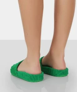Public Desire UK JUICE GREEN TERRY TOWLING SLIDERS NEW IN