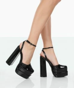 Public Desire UK NEW IN Moonchild Black Patent Closed Toe Statement Platform Block Heels