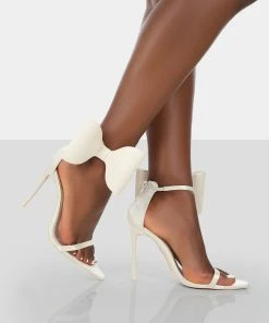 Public Desire UK NEW IN Zeal Off White Satin Strappy Bow Ankle Detail Stiletto Heels