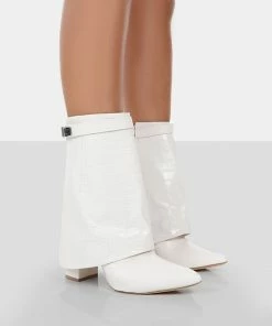 Public Desire UK Fyre Ecru Croc Pointed Toe Heeled Ankle Boots