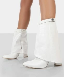 Public Desire UK Fyre Ecru Croc Pointed Toe Heeled Ankle Boots