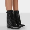 Public Desire UK Fyre Black Croc Pointed Toe Heeled Ankle Boots