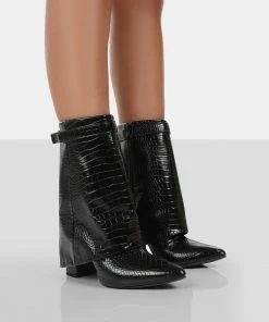 Public Desire UK Fyre Black Croc Pointed Toe Heeled Ankle Boots