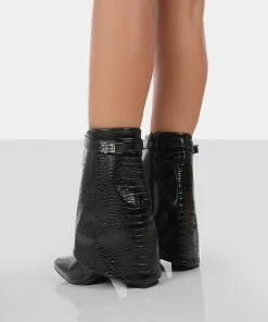 Public Desire UK Fyre Black Croc Pointed Toe Heeled Ankle Boots