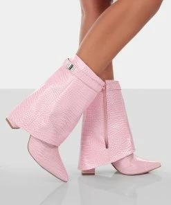 Public Desire UK Fyre Baby Pink Croc Pointed Toe Heeled Ankle Boots NEW IN