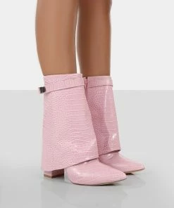 Public Desire UK Fyre Baby Pink Croc Pointed Toe Heeled Ankle Boots NEW IN
