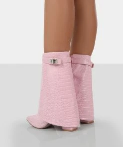 Public Desire UK Fyre Baby Pink Croc Pointed Toe Heeled Ankle Boots NEW IN