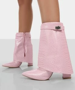 Public Desire UK Fyre Baby Pink Croc Pointed Toe Heeled Ankle Boots NEW IN