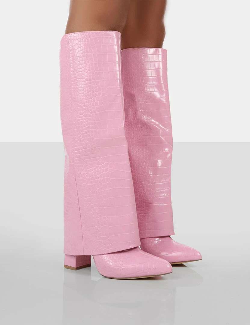 Public Desire UK LONG BOOTS Zendaya Pink Croc Pointed Toe Knee High Boots 1 Public Desire UK LONG BOOTS Zendaya Pink Croc Pointed Toe Knee High Boots