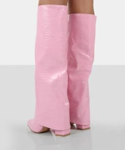 Public Desire UK LONG BOOTS Zendaya Pink Croc Pointed Toe Knee High Boots