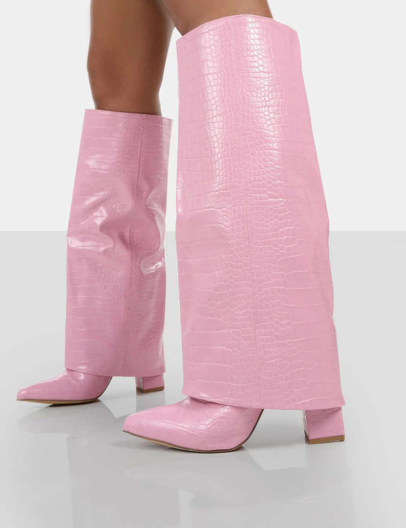 Public Desire UK LONG BOOTS Zendaya Pink Croc Pointed Toe Knee High Boots 4 Public Desire UK LONG BOOTS Zendaya Pink Croc Pointed Toe Knee High Boots