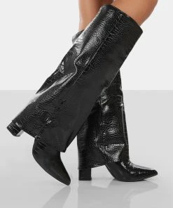 Public Desire UK Zendaya Black Croc Pointed Toe Knee High Boots LONG BOOTS 7 Public Desire UK Zendaya Black Croc Pointed Toe Knee High Boots LONG BOOTS