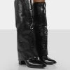 Public Desire UK Zendaya Black Croc Pointed Toe Knee High Boots LONG BOOTS