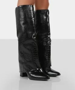 Public Desire UK Zendaya Black Croc Pointed Toe Knee High Boots LONG BOOTS