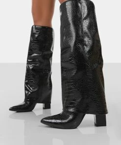 Public Desire UK Zendaya Black Croc Pointed Toe Knee High Boots LONG BOOTS