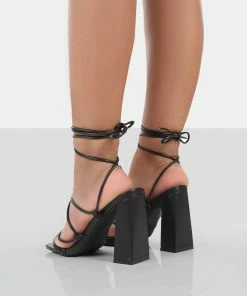 Public Desire UK Coco Black Grain Square Toe Strappy Lace Up Block Heels