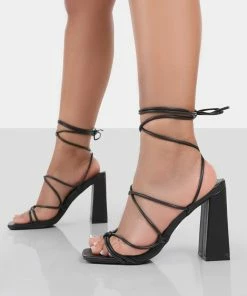 Public Desire UK Coco Black Grain Square Toe Strappy Lace Up Block Heels