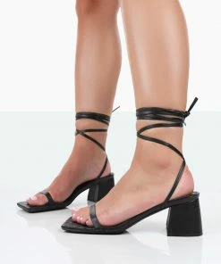 Public Desire UK NEW IN Babeass Black Pu Sqaure Toe Lace Up Block Mid Heeled Sandals