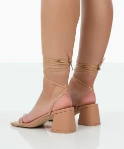 Public Desire UK NEW IN Babeass Nude Pu Sqaure Toe Lace Up Block Mid Heeled Sandals