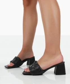 Public Desire UK Play Nice Black PU Woven Square Toe Block Mid Heeled Sandals