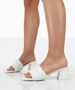 Public Desire UK Play Nice White PU Woven Square Toe Block Mid Heeled Sandals NEW IN