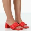 Public Desire UK NEW IN Play Nice Red PU Woven Square Toe Block Mid Heeled Sandals