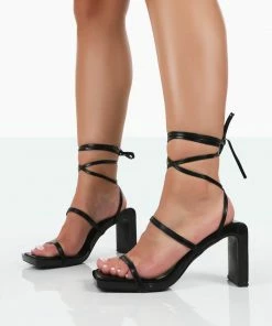 Public Desire UK Misha Black Square Toe Strappy Lace Up Thin Block Heels NEW IN