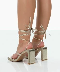 Public Desire UK NEW IN Misha Gold Square Toe Strappy Lace Up Thin Block Heels