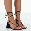 Public Desire UK Atlas Black Patent Square Toe Lace Up Flared Mid Block Heeled Sandals