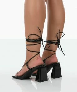 Public Desire UK Atlas Black Patent Square Toe Lace Up Flared Mid Block Heeled Sandals