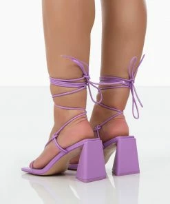 Public Desire UK NEW IN Atlas Purple Patent Square Toe Lace Up Flared Mid Block Heeled Sandals
