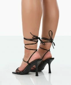 Public Desire UK Jovie Black Patent Square Toe Strappy Lace Up Stiletto Heels NEW IN