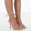 Public Desire UK Jovie Nude Patent Square Toe Strappy Lace Up Stiletto Heels NEW IN