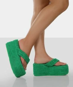 Public Desire UK NEW IN Nell Green Terry Towelling Platform Wedge Flip Flop Sandals