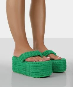 Public Desire UK NEW IN Nell Green Terry Towelling Platform Wedge Flip Flop Sandals