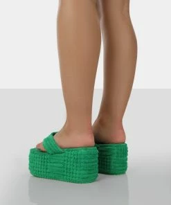 Public Desire UK NEW IN Nell Green Terry Towelling Platform Wedge Flip Flop Sandals